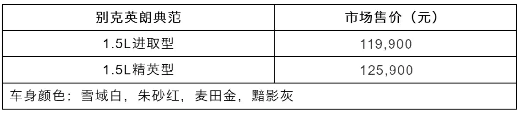 別克英朗典范1.5L上市，售價11.99萬元-12.59萬元