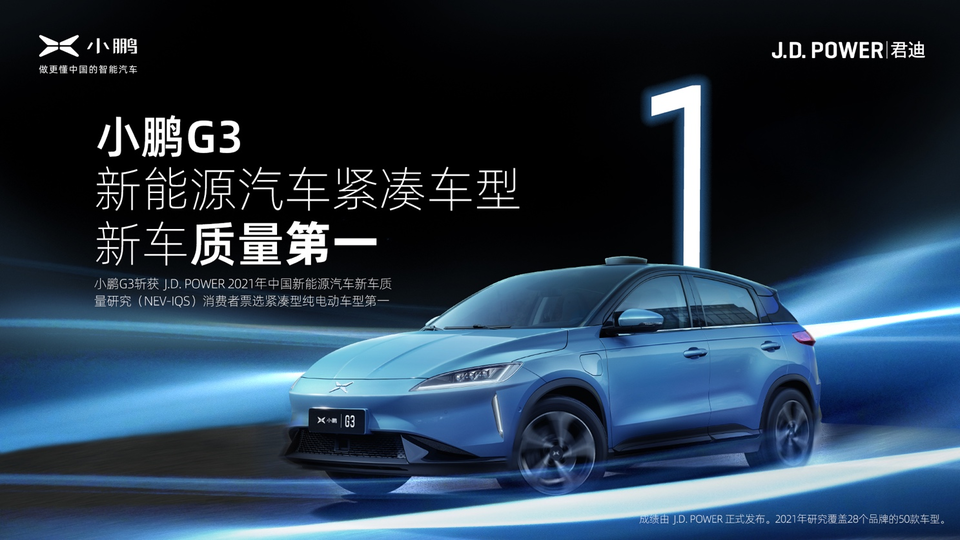 小鵬G3品質(zhì)贏得消費者信任，獲J.D.Power新車質(zhì)量第一
