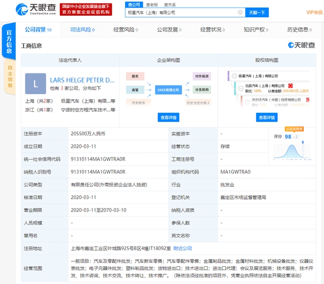 吉利和沃爾沃合資電動汽車品牌“極星”成立新公司，注冊資本20.55億人民幣