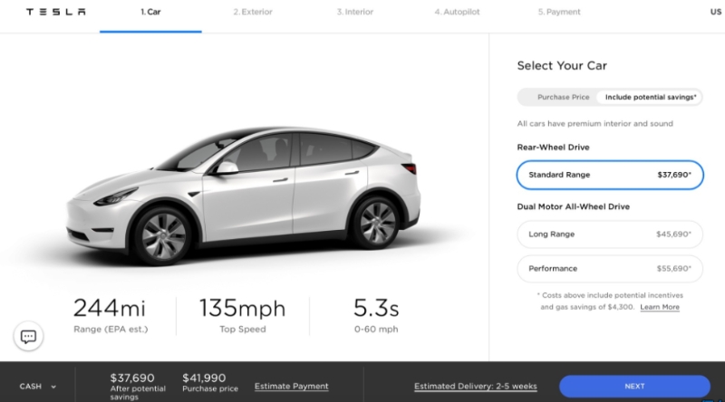 Tesla Model Y標準范圍 特斯拉MODELY標準范圍:244英里¥43,190基礎提供7座