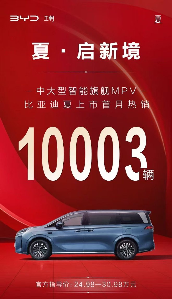 比亞迪夏上市首月銷量破萬銷售10003輛