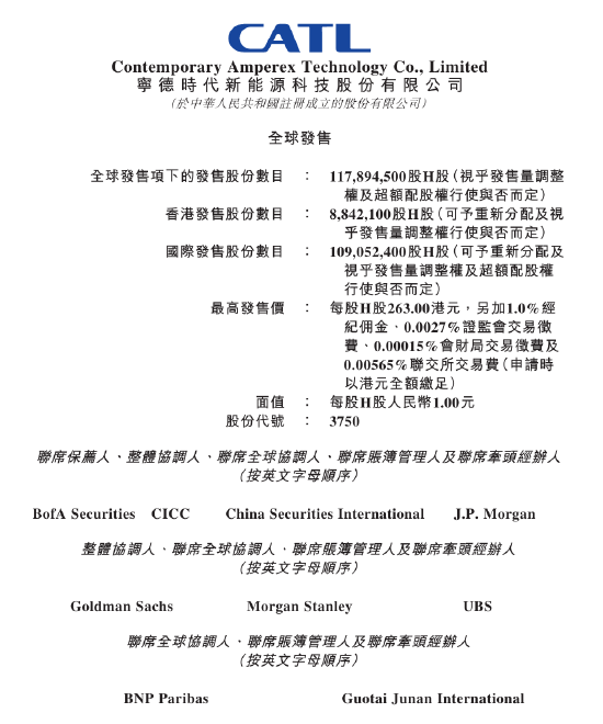 寧德時代：在港上市最高發行價為263港元/股