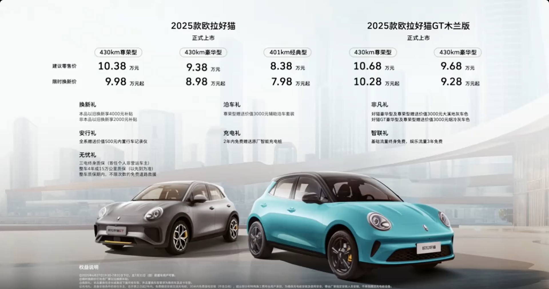 售價8.38-10.68萬元2025款歐拉好貓上市
